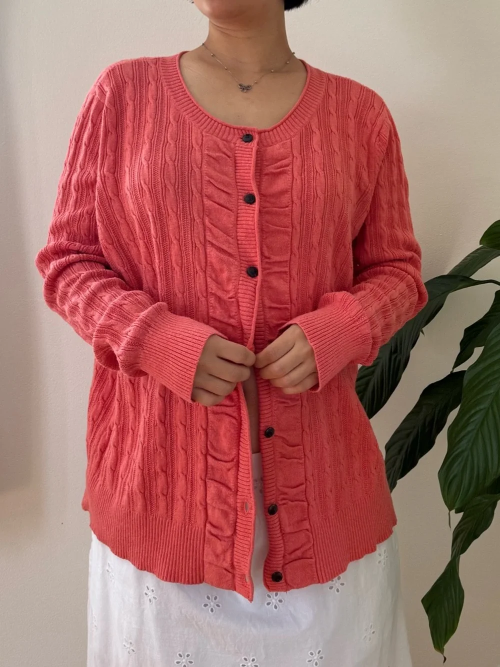 Eddie Bauer Cotton Blend Cable Knit Ruffle Accent Coral Pink Cardigan Size XL